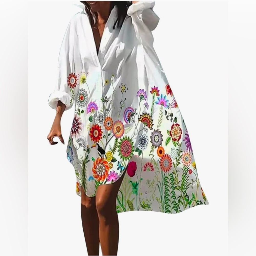 5 for $25! NWT Women’s V Neck Button Up Floral White Tunic Dress Shirt Size XXL